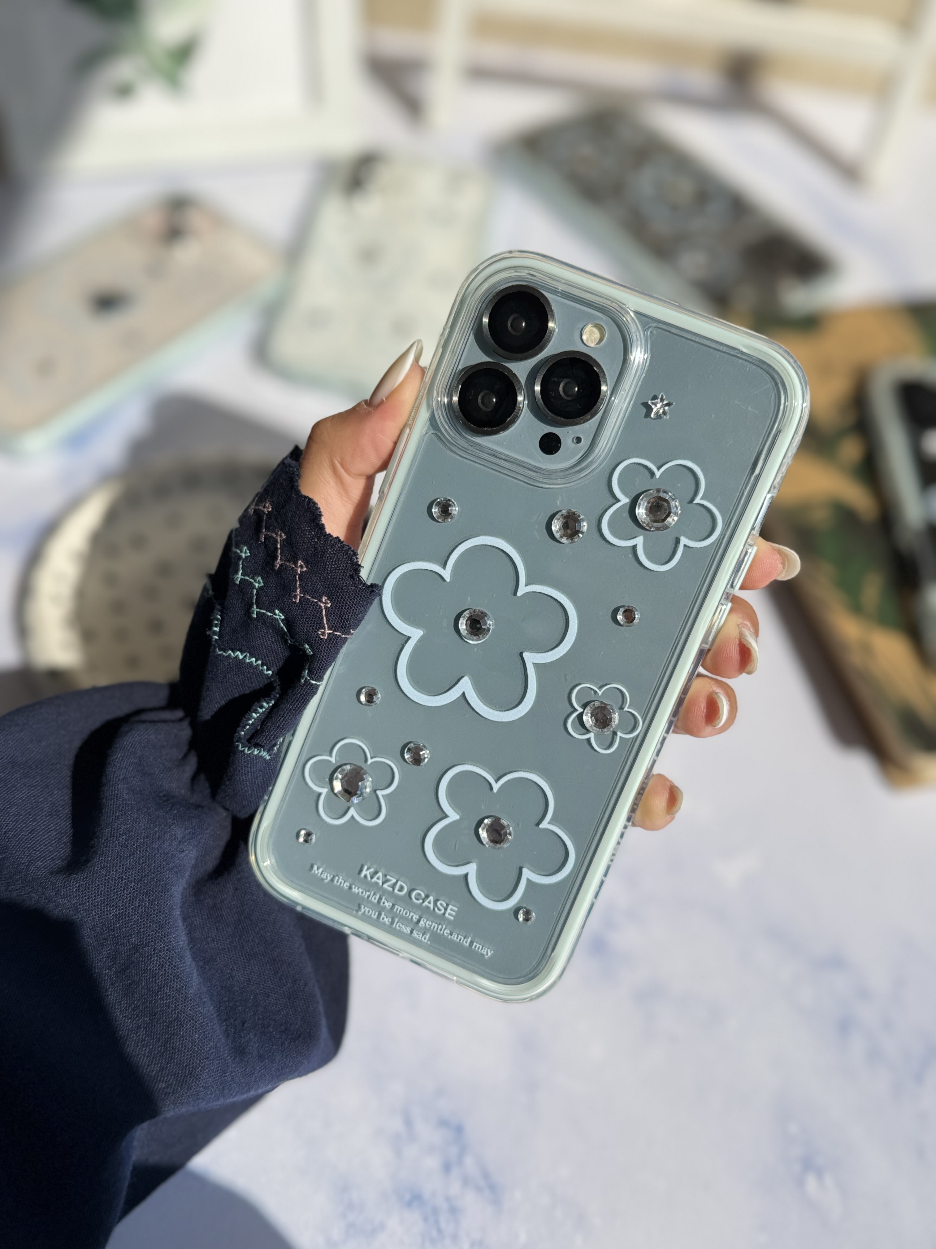 قاب گل آبی نگین دار مناسب برای آیفون | iPhone iphone14promax