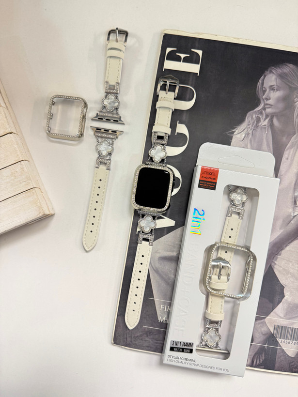 5067---بند اپل واچ چرمی طرح ون کلیف با گارد نگین دار-1