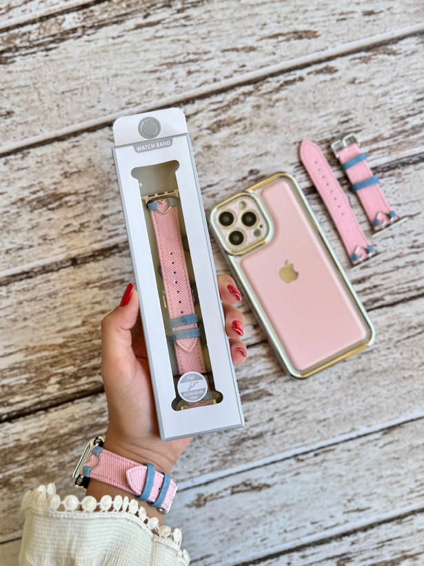 5064---بند اپل واچ کبریتی صورتی قلبی-2