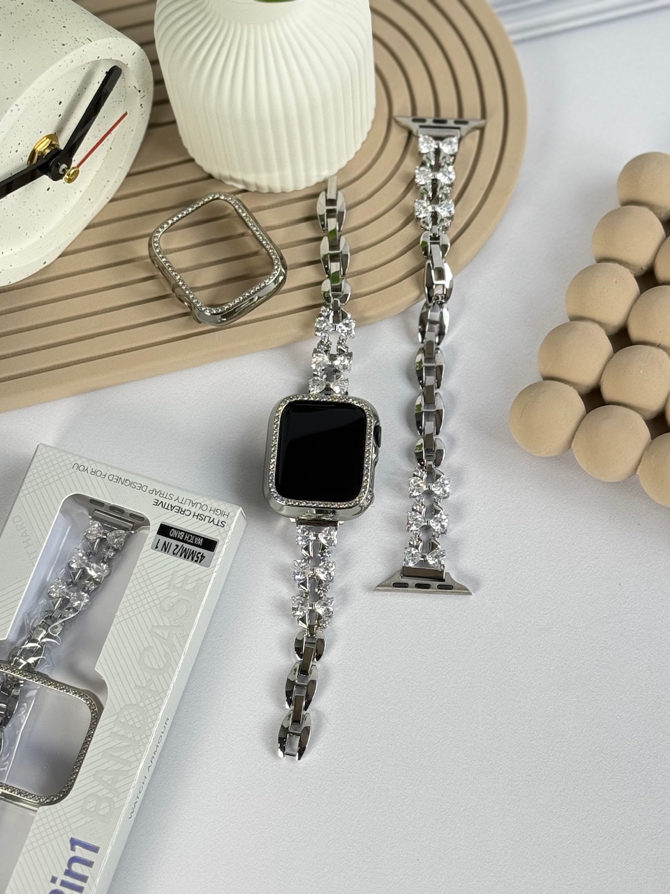 5047---بند اپل واچ فلزی پاپیون کریستالی + گارد نگین دار-2