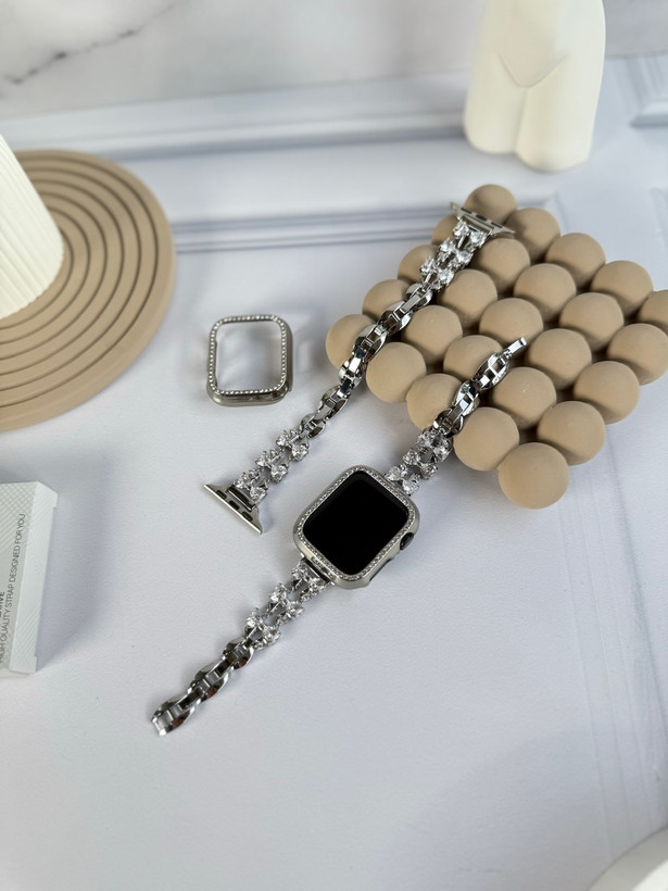 5047---بند اپل واچ فلزی پاپیون کریستالی + گارد نگین دار-1